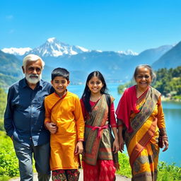 A picturesque scene featuring four people walking together, embodying a joyful spirit