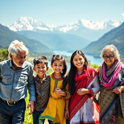 A picturesque scene featuring four people walking together, embodying a joyful spirit