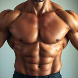 A muscular man's torso close to the camera, showcasing defined abs, bulging biceps, and a strong chest