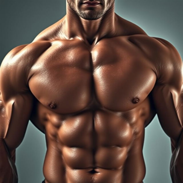 A muscular man's torso close to the camera, showcasing defined abs, bulging biceps, and a strong chest