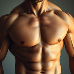 A muscular man's torso close to the camera, showcasing defined abs, bulging biceps, and a strong chest
