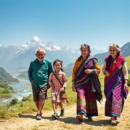 A nostalgic scene reminiscent of the 19th century, depicting four people joyfully walking together in a serene setting
