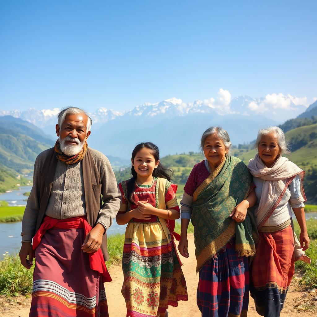 A nostalgic scene reminiscent of the 19th century, depicting four people joyfully walking together in a serene setting