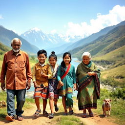 A nostalgic scene reminiscent of the 19th century, depicting four people joyfully walking together in a serene setting