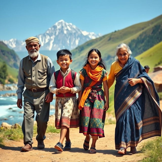 A nostalgic scene reminiscent of the 19th century, depicting four people joyfully walking together in a serene setting