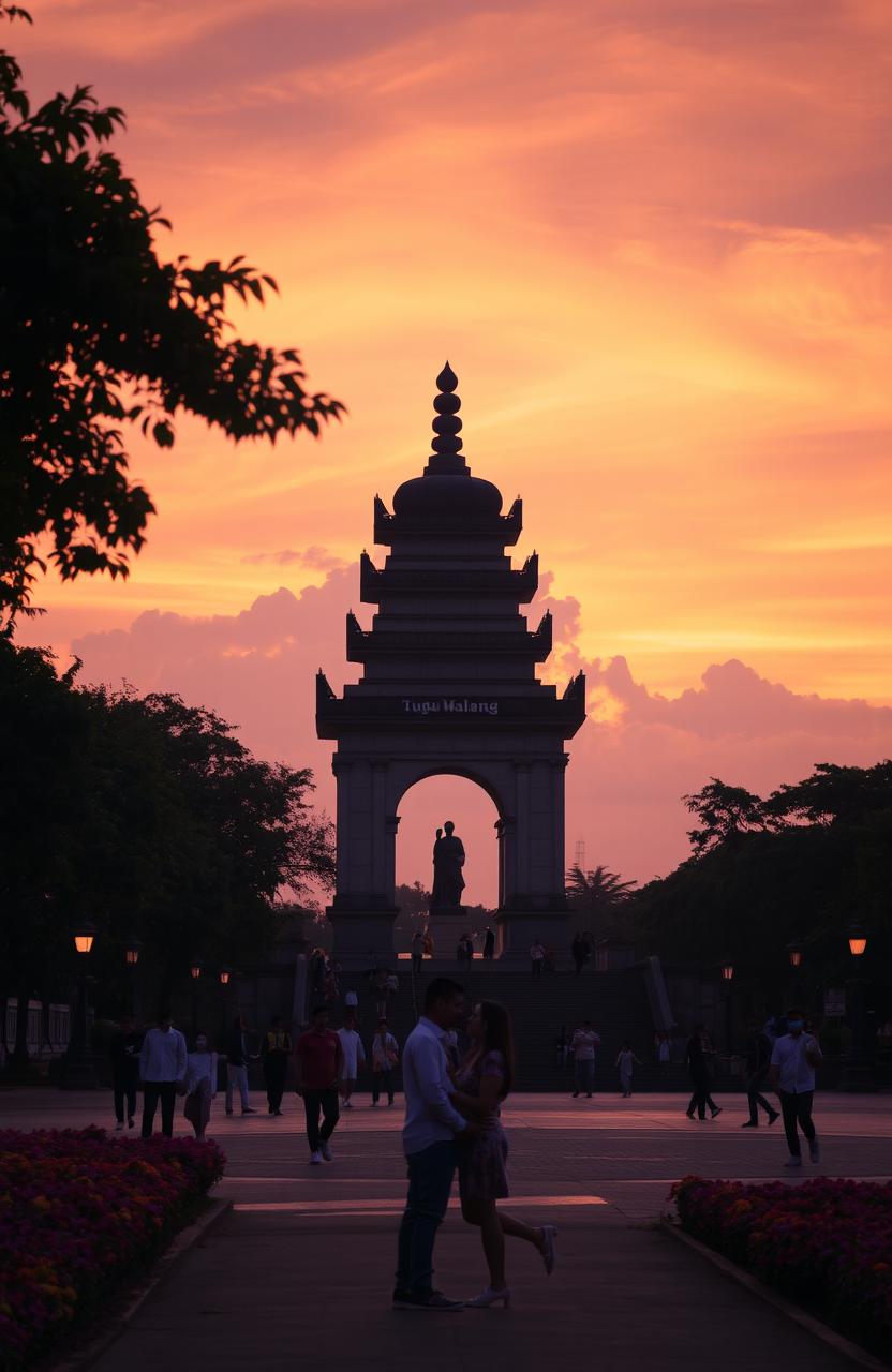 A beautiful sunset over Tugu Malang, the iconic monument in Indonesia, surrounded by vibrant trees and flowers