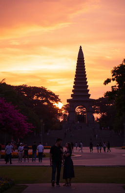A beautiful sunset over Tugu Malang, the iconic monument in Indonesia, surrounded by vibrant trees and flowers