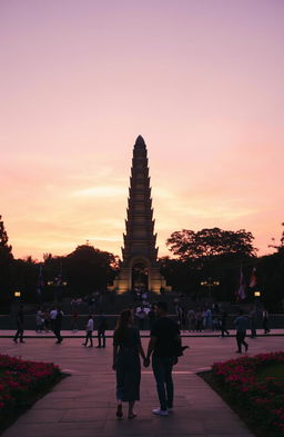 A beautiful sunset over Tugu Malang, the iconic monument in Indonesia, surrounded by vibrant trees and flowers