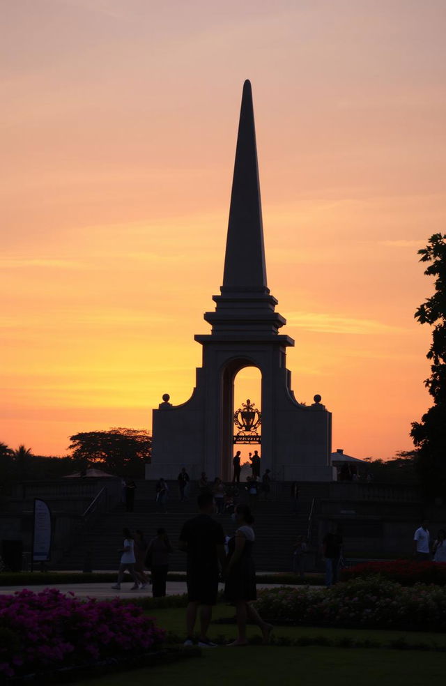 A beautiful sunset over Tugu Malang, the iconic monument in Indonesia, surrounded by vibrant trees and flowers