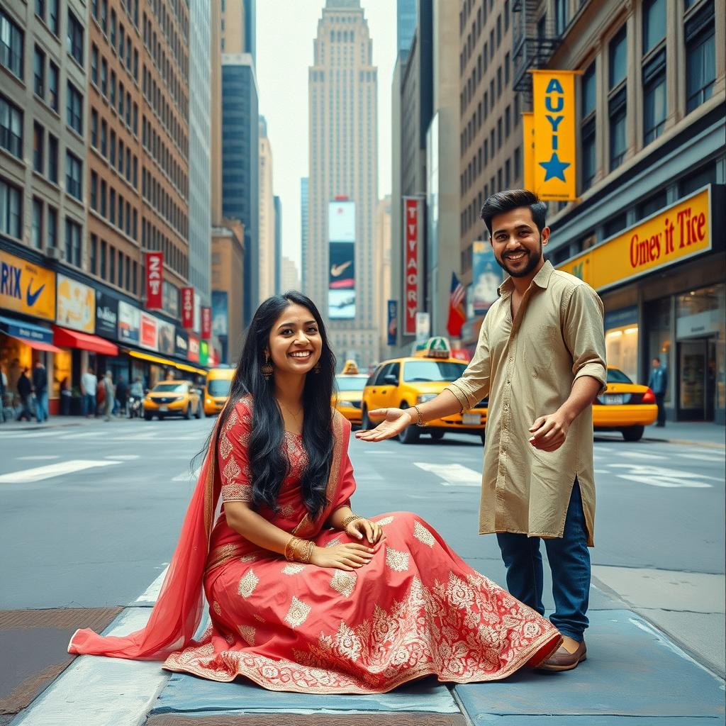 A vibrant street scene in New York City featuring a young woman sitting on the pavement in a beautiful, traditional wedding salwar kameez