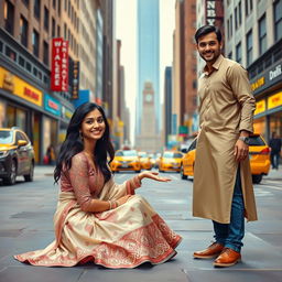 A vibrant street scene in New York City featuring a young woman sitting on the pavement in a beautiful, traditional wedding salwar kameez