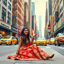 A vibrant street scene in New York City featuring a young woman sitting on the pavement in a beautiful, traditional wedding salwar kameez