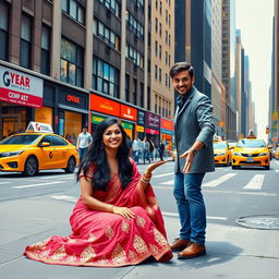 A vibrant street scene in New York City featuring a young woman sitting on the pavement in a beautiful, traditional wedding salwar kameez