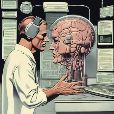 The science fiction story depicts a futuristic society where humans have implanted FM receivers in their brains to receive information directly.