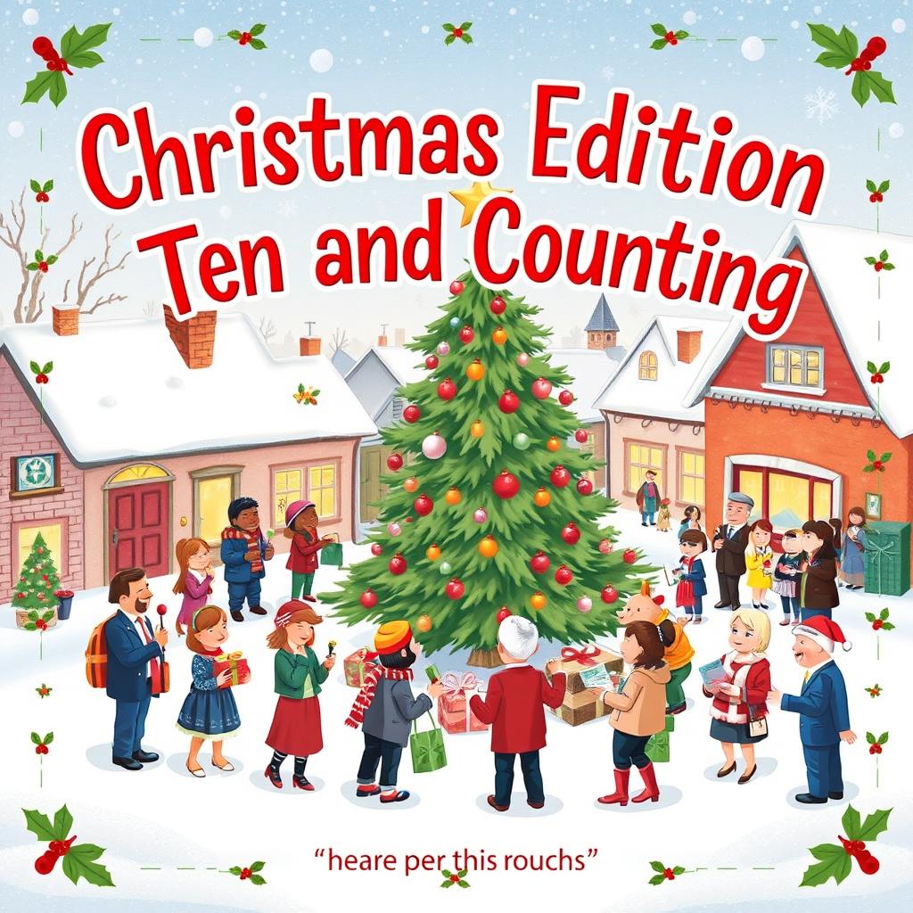 A charming and whimsical illustration for a Christmas-themed political storybook titled 'Christmas Edition Ten and Counting'