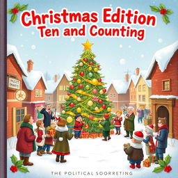 A charming and whimsical illustration for a Christmas-themed political storybook titled 'Christmas Edition Ten and Counting'