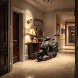 An elegant hallway or entryway featuring a small antique luxury piece of furniture