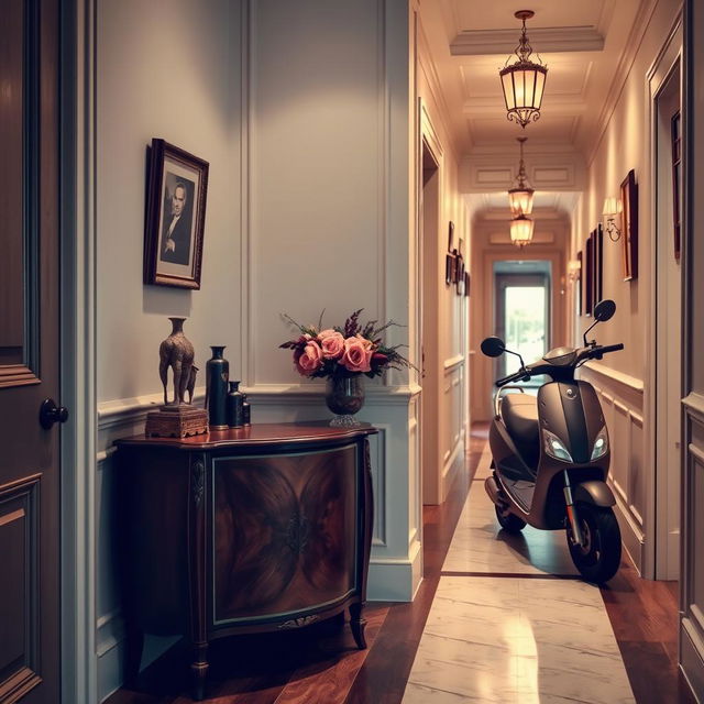 An elegant hallway or entryway featuring a small antique luxury piece of furniture