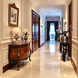 An elegant hallway or entryway featuring a small antique luxury piece of furniture