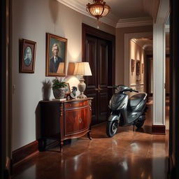An elegant hallway or entryway featuring a small antique luxury piece of furniture