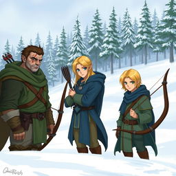 Three male elves in a snowy landscape