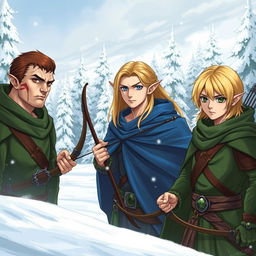 Three male elves in a snowy landscape
