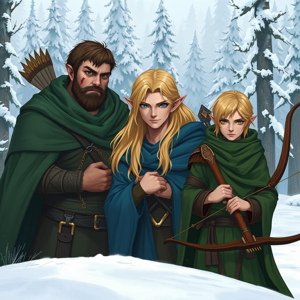 Three male elves in a snowy landscape