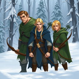 Three male elves in a snowy landscape