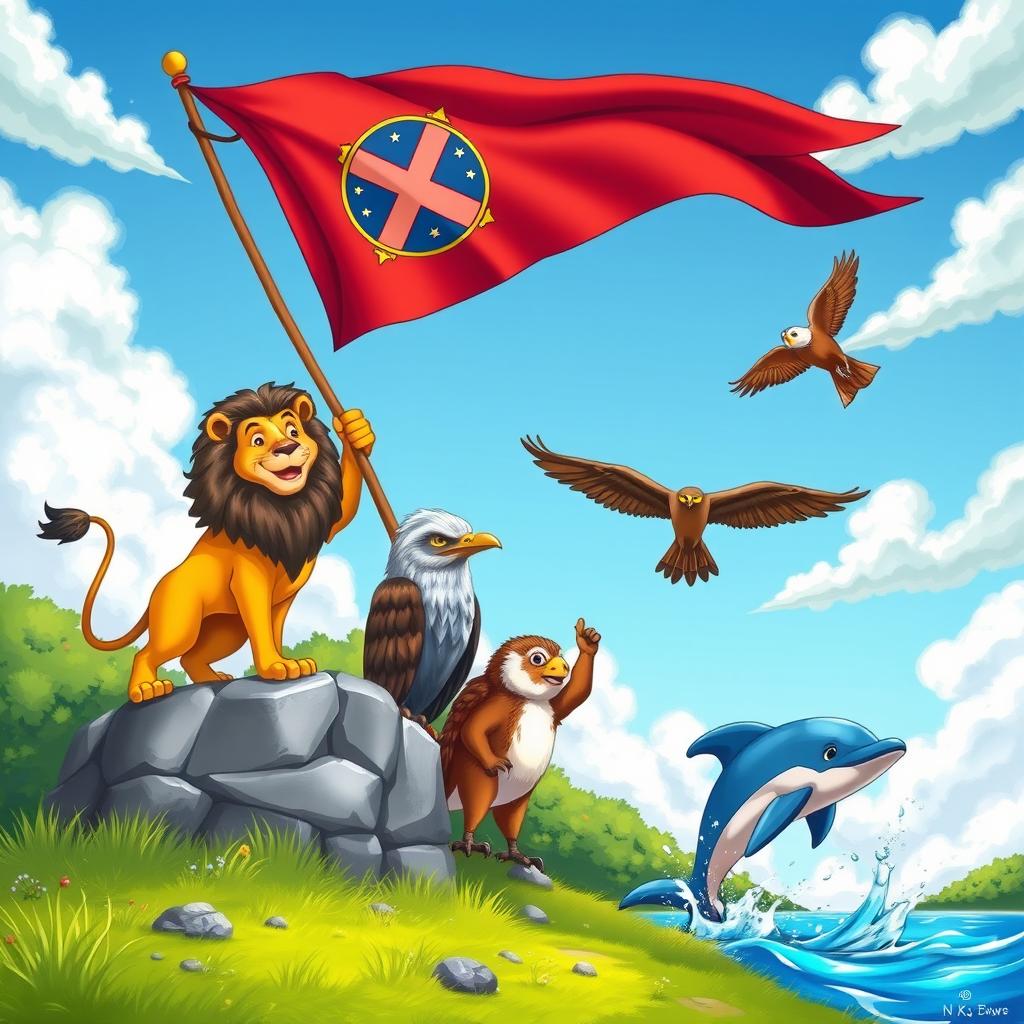 A whimsical scene depicting various animals proudly raising the flag of the X-Empire