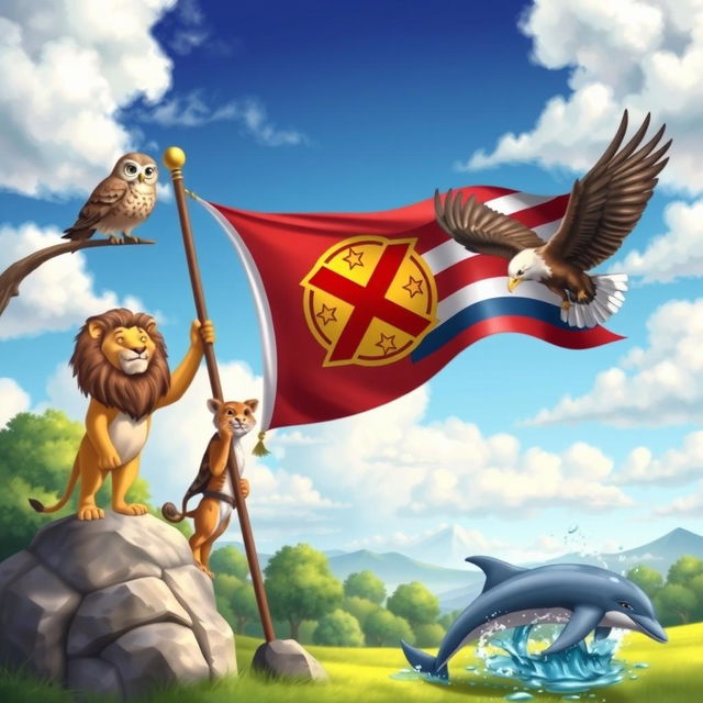 A whimsical scene depicting various animals proudly raising the flag of the X-Empire