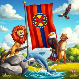 A whimsical scene depicting various animals proudly raising the flag of the X-Empire