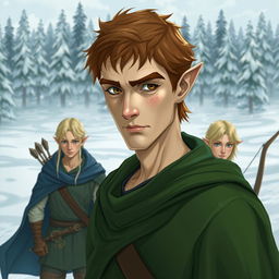 Three male elves in a snowy landscape, with the first elf standing prominently in the foreground