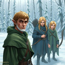 Three male elves in a snowy landscape, with the first elf standing prominently in the foreground