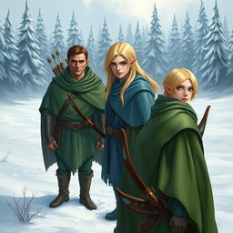 Three male elves in a snowy landscape, with the first elf standing prominently in the foreground