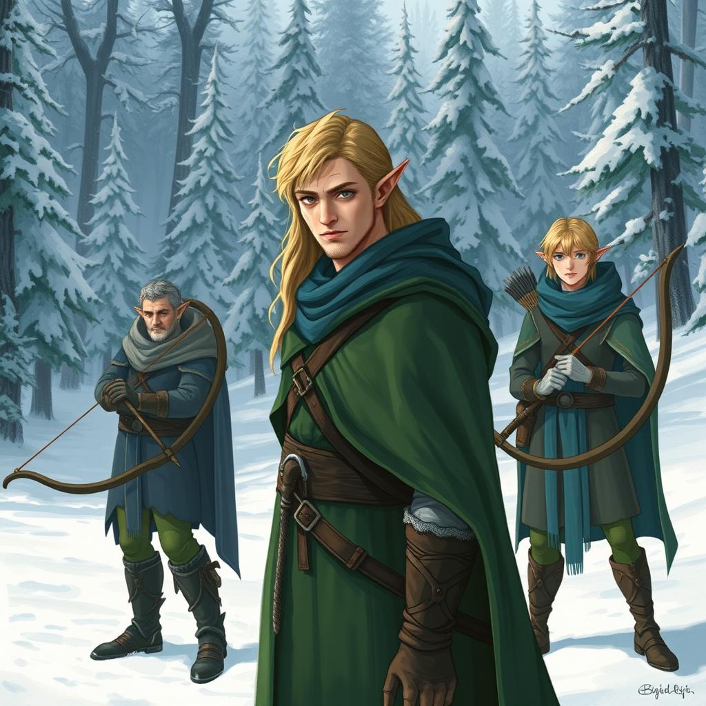 Three male elves in a snowy landscape, with the first elf standing prominently in the foreground