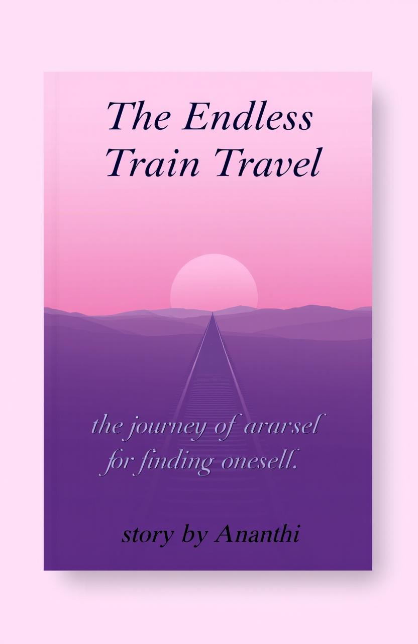 A book cover design featuring an endless train stretching into the distance against a mild purple and pink gradient background