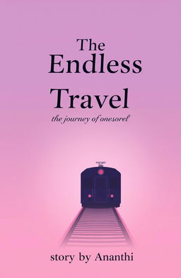 A book cover design featuring an endless train stretching into the distance against a mild purple and pink gradient background
