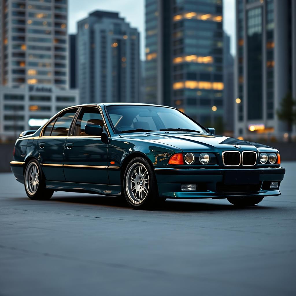 A sleek, dark green BMW E34 model car, showcasing its iconic design with smooth curves and a polished finish