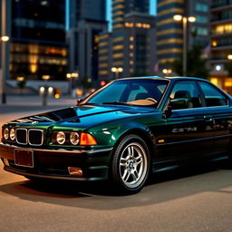 A sleek, dark green BMW E34 model car, showcasing its iconic design with smooth curves and a polished finish