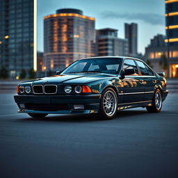 A sleek, dark green BMW E34 model car, showcasing its iconic design with smooth curves and a polished finish