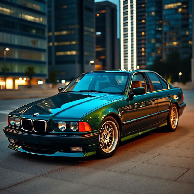 A sleek, dark green BMW E34 model car, showcasing its iconic design with smooth curves and a polished finish