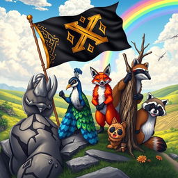 A vibrant and imaginative scene featuring various animals proudly raising the flag of the Irdrop X Empire