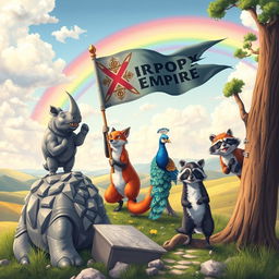 A vibrant and imaginative scene featuring various animals proudly raising the flag of the Irdrop X Empire