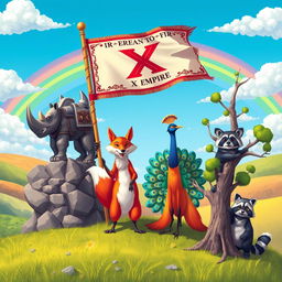 A vibrant and imaginative scene featuring various animals proudly raising the flag of the Irdrop X Empire