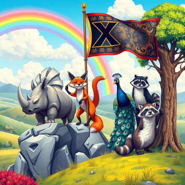 A vibrant and imaginative scene featuring various animals proudly raising the flag of the Irdrop X Empire