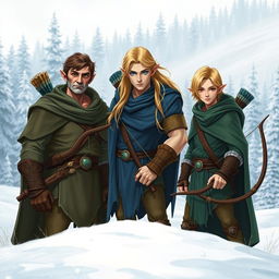 In the foreground, three male elves stand heroically in a snowy landscape