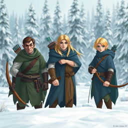 In the foreground, three male elves stand heroically in a snowy landscape