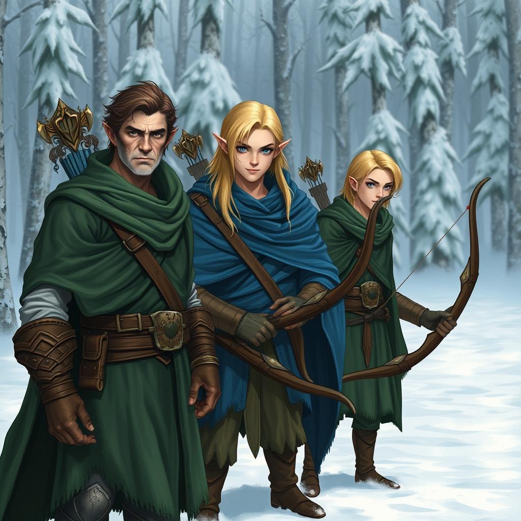 In the foreground, three male elves stand heroically in a snowy landscape
