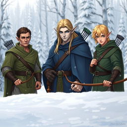 In the foreground, three male elves stand heroically in a snowy landscape