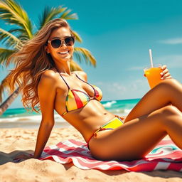 A stunning young woman in a vibrant bikini, lounging on a beautiful beach under a clear blue sky